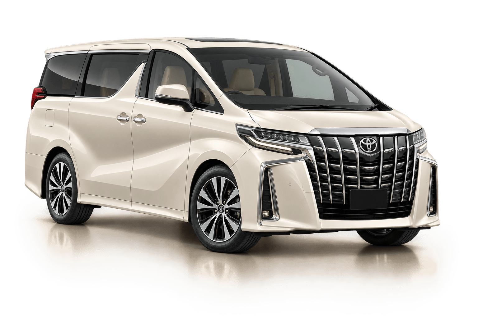 Cream-white Toyota Alphard in a soft front three-quarter view